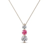 Round Pink Tourmaline Natural Diamond 3/4 ctw Graduated Three Stone Drop Pendant. Included 16 Inches Chain 14K Gold