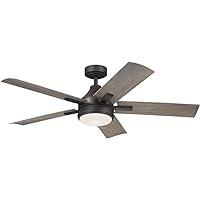 Kichler 52 Inch Tide 5 Blade LED Weather+ Outdoor Ceiling Fan with Etched Cased Opal Glass in Olde Bronze with Weathered Medium Oak Blades and Remote Control