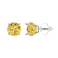 0.9ct Round Cut Solitaire Yellow Simulated Diamond Unisex Stud Earrings 14k White Gold Screw Back conflict free Jewelry