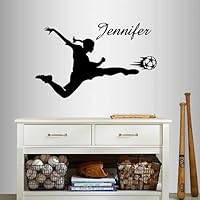 Wall Vinyl Decal Home Decor Art Sticker Girl Woman Player Football Soccer Kicking Ball Customized Name Sports Kids Bedroom Room Removable Stylish Mural Unique Design 971