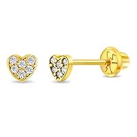 14k Yellow Gold 3mm Clear Pave Cubic Zirconia Heart Screw Backs for Little Girls to Toddlers - Tiny Round CZ Heart Screw Back Earrings for Baby Girls - Small Heart Stud Earrings for Children