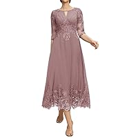 Mother of The Bride Dresses Lace 3/4 Sleeve Evening Dress Tea Length Chiffon Wedding Guest Dresses for Women