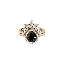 Pear Cut 2.5 CT Natural Black Onyx Engagement Ring, Beautiful 2 PCS Wedding Ring Set for Bride, Black Teardrop stone Ring, Halo Rings for Birthday