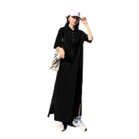 Summer Korea Cotton Woman Dress Loose Plus Size Polo Collar Short Sleeve Long Robe