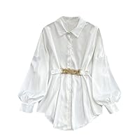 Turn Down Collar Solid Color Blouse Single-Breasted Chain Design Sense Shirt White One Size