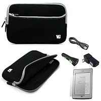 Black with Gray Trim Slim Protective Soft Neoprene Case Sleeve for Amazon Kindle Touch (Wi Fi, 6 inch E Ink Display) and USB Car Charger and USB Home Charger and USB Data, Sync Cable
