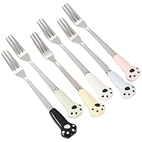 Cute Cat Paw Steel Forks, Dessert Forks, 3-Tine Portable Cocktail Salad Fruit Forks for Party Travel, Set of 6, 5.1 Inches