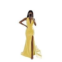 Women's Halter Satin Prom Dresses with Slit 2024 Ruched Mermaid Formal Evening Gowns PU089