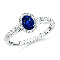 Oval Shape Blue Sapphire CZ Diamond Solitaire with Accents Ring 925 Sterling Silver September Birthstone Gemstone Jewelry Wedding Engagement Women Birthday Gift