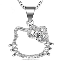 925 Sterling Silver Finish Hello Kitty Cat CZ Pendant Necklaces Women's Chain
