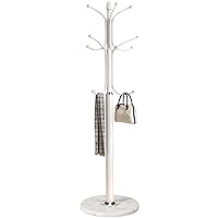 Kertnic Metal Coat Rack Stand with Natural Marble Base, Free Standing Hall Tree with 12 Hooks for Hanging Scarf, Bag, Jacket, Home Entry-way Hat Hanger Organizer (White)