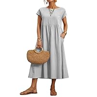 Women Casual Loose Bohemian Solid Dress with Pockets Pure White Short Sleeve Summer Beach Swing Dresses