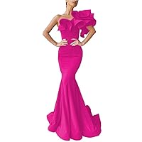 Women's One Shoulder Ruffles Satin Mermaid Prom Dresses Long Ball Gowns Formal Evening Party Gowns