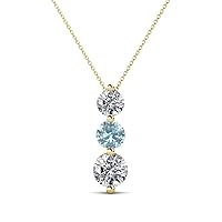 Round Aquamarine Diamond 7/8 ctw Graduated Three Stone Drop Pendant 16 Inches Chain 14K Gold