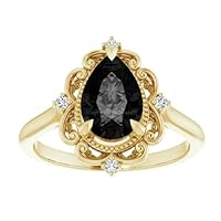 Vintage Halo 2 CT Pear Shape Black Diamond Engagement Ring 10K Yellow Gold, Victorian Pear Drop Diamond Ring, Antique Black Onyx Pear Ring, Wedding Ring, Handmade Rings