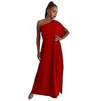 Wedding Guest Dress One Shoulder Split Sleeve Maxi Dress (Color : Red, Size : Medium)