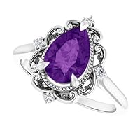 Vintage 1 CT Pear Shape Amethyst Ring 14k White Gold, Scroll Tear Drop Purple Amethyst Engagement Ring, Victorian Amethyst Diamond Ring