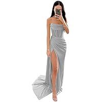 Women's Elegant Strapless Mermaid Prom Dresses 2024 Satin Corset Ruched Long Formal Evening Party Gown with Slit LVY014