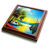 3dRose Colorful Tent, Green Tree, Boat in The Lake, Summer Sunset Trivets (trv-379902-1)