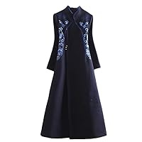 Winter Chinese Style Wool Trench Coat Qipao Embroidery Retro Elegant Loose Women Dress Blue XL