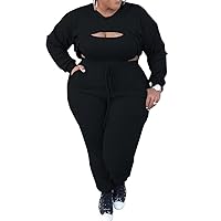 IyMoo Women's Plus Size 3 Piece Sets Outfit Ribbed Sweatshirt Crop Tank Top Sweatpants Jumpsuit Romper Set