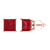 2.0 ct Brilliant Princess Cut Solitaire VVS1 Fine Simulated Ruby Pair of Stud Earrings Solid 18K Rose Gold Screw Back