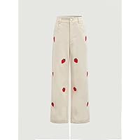 Women's Dress Strawberry Print Straight Leg Pants (Color : Beige, Size : Small)
