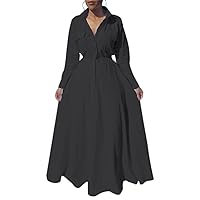 Women's Pleated Long Sleeve Party Cocktail Long Maxi Button Down White Shirt A-line Dress Plus Size Pockets Front