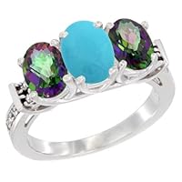 10K White Gold Natural Turquoise & Mystic Topaz Sides Ring 3-Stone Oval Diamond Accent, Sizes 5-10