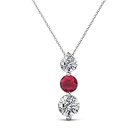 Round Ruby Diamond 7/8 ctw Graduated Three Stone Drop Pendant 16 Inches Chain 14K Gold