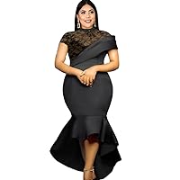 Women Plus Size Dresses Black Short Sleeve Lace Fishtail High Waist Ruffle Formal Gowns and Evening Dresses