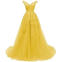 Ruffle Off Shoulder Tulle Prom Dresses Long Ball Gown Princess Wedding Evening Dress