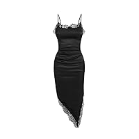 Women's Dress Contrast Lace Satin Cami Dress Summer Dress OROXCO (Color : Black, Size : Small)
