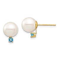 14k Gold 8 8.5mm White Round Fw Cultured Pearl Swiss Blue Topaz Post Earrings Measures 11mm long Jewelry for Women