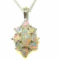 Ladies Solid 925 Sterling Silver Natural Opal Cluster Pendant Necklace