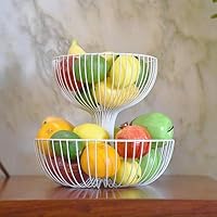 2 Tier Fruit Basket Iron Antirust Fruit Basket Holder Counter Decorative Bowl Stand for Storing & Organizing Vegetables, Eggs,White