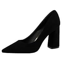Fashion Women Pumps Wedding Shoes Chunky High Heel Steady Pointed Toe Suede Slip on