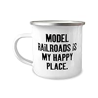 Reusable Model Railroads 12oz Camper Mug, Model Railroads is My Happy Place, Joke Gifts for Friends, Birthday Gifts, Model train set, Toy trains, Train tracks, Railroad toys, Electric trains, Battery