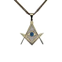 Freemason Masonic Lodge Blue CZ Eye of Horus Pendant Necklace With Hip Hop Cuban Chain 70cm