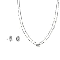 Kendra Scott Gift Bundle, Emilie Stud Earrings and Multi-Strand Necklace for Women, Fashion Jewelry, Rhodium Plated Platinum Drusy