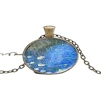 Water Lily Monet Flower Painting Glass photo Necklace Man Woman Jewelry as Gifts