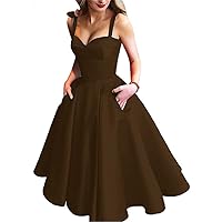 Women's Tea Length Sweetheart Spaghetti Strap Evening Dress Satin with Pockets A Line Prom Dress Brown