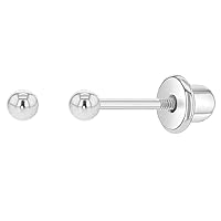 Rhodium Plated Classic Plain Ball Safety Screw Back Earrings for Young Girls 3mm-4mm - Simple Jewelry Gift for Girls Birthdays - Lightweight and Safe for Sensitive Ears