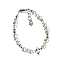 Cherished Moments Girls Sterling Silver or 14K Gold-Plated Cross Bracelet with Cultured Pearls for Baptism or First Communion Gift