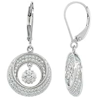 Sterling Silver Micro Pave Cubic Zirconia Double Moon lever back Earring Centered Dangling Flower In White Stones