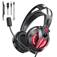 Gaming Headset with Microphone for Playstation 5, Double Head Beam Suspended Soft Soft Memory Earmuffs, 7.1 Surround Sound Wired Headset LED Light for PS5, PC, PS4, iMac, Laptop