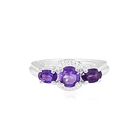 Natural Purple Amethyst Cushion Gemstone and Zircon Ring In 925 Sterling Silver, 925 Stamp Jewelry, Gift For Women and Girls