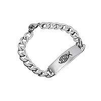 Ichthys Jesus Fish Cross Stainless Steel Cuban Chain Bracelet for Men Women Christian Catholic Faith Symbol Blessing Jewelry Silver