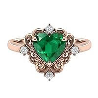 1 CT Art Deco Heart Shaped Emerald Engagement Ring 14k Rose Gold Emerald Wedding Ring Antique Filigree Style Ring Vintage Emerald Bridal Promise Ring For Her