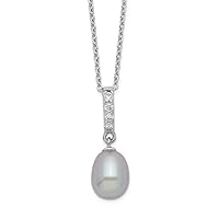 925 Sterling Silver Rhod Plat 8 9mm Grey Freshwater Cultured Pearl CZ Cubic Zirconia Simulated Diamond Necklace 17 Inch Jewelry for Women